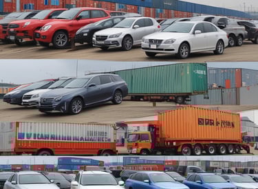 A convoy of used cars ready for shipment to Nigeria.