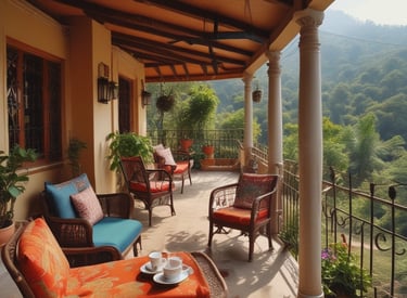 Modern living room with elegant furniture and warm lighting.