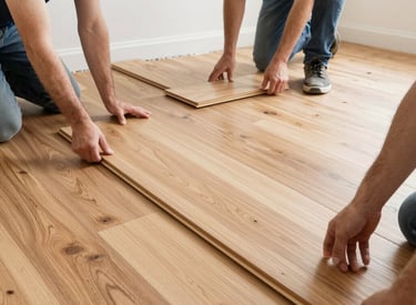 Close-up of freshly installed hardwood flooring in a bright Sarasota living room.