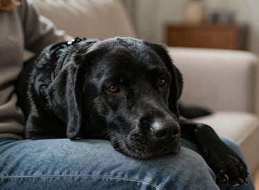 A gentle Black Labrador service dog resting its head on the lap of a person sitting in a quiet North American living room, conveying deep trust and emotional support, warm natural lighting, professional photography.