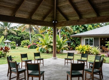 An open-air Caribbean community hall with modern wooden architecture, chairs arranged for a discussion, views of lush greenery and tropical gardens, a peaceful and welcoming atmosphere, palette of deep green and light grey.