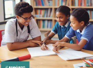 A group of educators collaborating around a table with student work and laptops