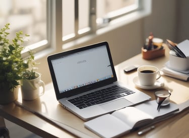 A cozy workspace featuring a laptop, a notebook with earthy green and plum accents, and a cup of tea on a light cream desk.