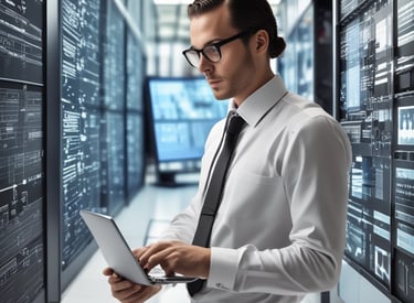 A professional consultant discussing IT strategy with a client in a modern office.