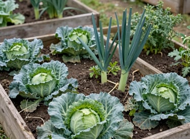 An old-fashioned vegetable garden with period-accurate plants and rustic charm.
