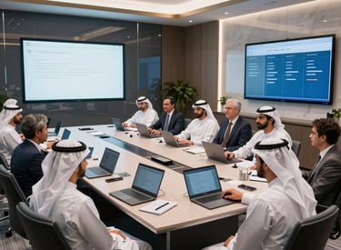A team of professionals collaborating around a conference table overlooking a modern Dubai skyline.