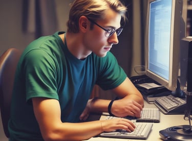 Focused person working at a desk with light waves symbolizing concentration frequency.