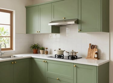 Before and after images of a Kerala kitchen with cluttered counters transformed into a tidy, functional cooking space with local utensils.