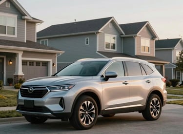 A modern family SUV parked safely in a quiet North American suburban driveway during a clear morning. The scene reflects security, safety, and a well-protected lifestyle with soft natural lighting.