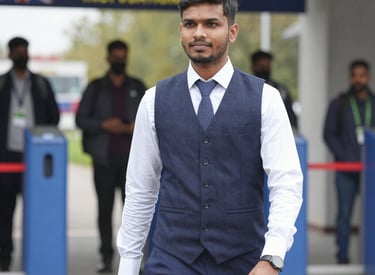 Happy Indian student showing approved visa documents with consultant at ladder overseas office.