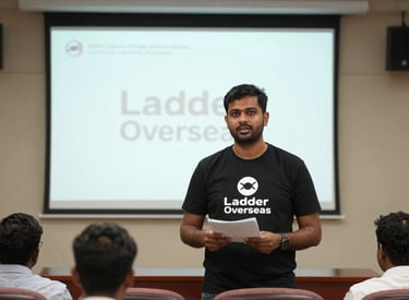 Indian student consulting with a counselor in a modern office setting.
