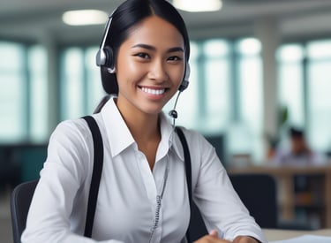 A smiling indonesian customer service representative answering a call in a bright office.