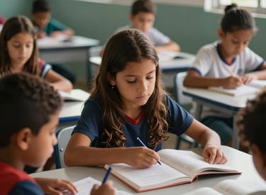 Brazilian children in a community classroom setting, focused on their books during a tutoring session. Warm natural light through windows, professional photography, soft dark background bokeh.
