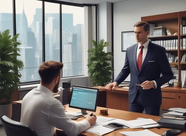 A professional consultant assisting a client with paperwork in a modern office.