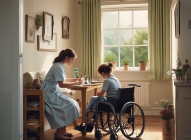 A compassionate nurse gently assisting an elderly patient in a cozy home setting.