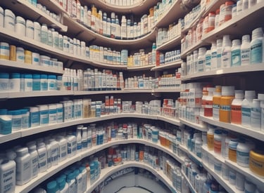 A neat warehouse shelf stacked with various pharmaceutical products ready for delivery.