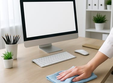 A modern office desk neatly organized with cleaning supplies nearby.