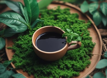 A warm, aromatic coffee cup with elegant packaging on a rustic wooden table.