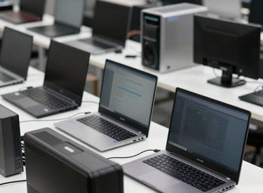 Modern office setup showing a repaired monitor displaying vibrant graphics.