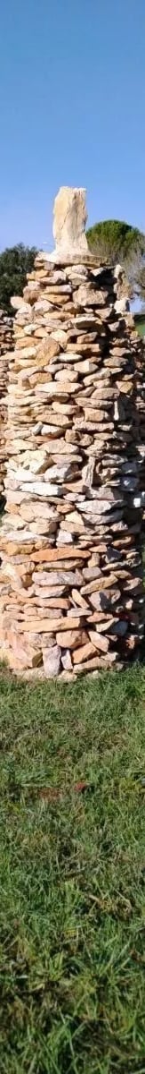 un groupe de sculptures en pierre dans un champ herbeux