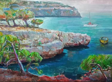 Marina con acantilados de la Costa Brava, óleo del artista Argi Girón. Landscape artist painter oil