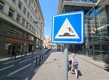 Street art sur panneau de signalisation représentant un skateur sur un dos d'ane à Lisbonne