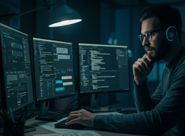 AI Engineer working on prompting using three monitors