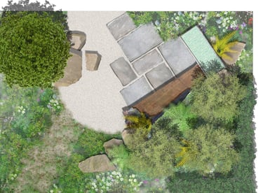 An rendered plan view of a small garden done using Adobe Photoshop