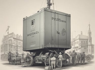 Vintage etching of a massive shipping container on a horse-drawn carriage in a 19th-century city.