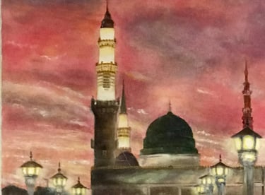 The prophet's Mosque at Madina at vibrant sunset