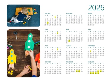 Full 2026 yearly calendar featuring photos of a child playing with letters and paper rocket crafts.