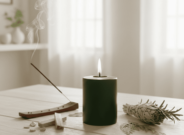 Una vela negra tipo pilar, una varilla de incienso encendida y un atado de salvia 