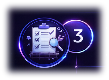 Digital checklist with magnifying glass icon and number three on a neon glowing background.