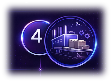 Digital illustration of an automated factory manufacturing icon with the number four in a purple neon glow.