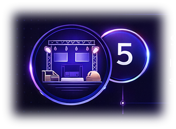 Digital neon icon of a virtual event stage set with a glowing number five in the background.