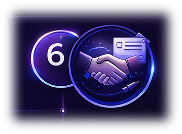 Digital illustration of a business handshake icon and the number six on a glowing blue background.