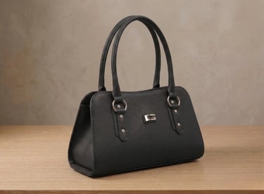 Cartera de cuero negro con herrajes dorados, bolso elegante artesanal