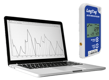 LogTag USB PDF temperature data logger next to a laptop displaying a line graph of recorded thermal data.