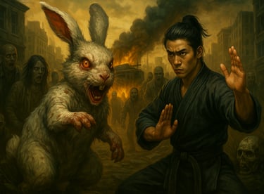 Zombie rabbit outbreak illustration with martial arts fighter defending against the undead