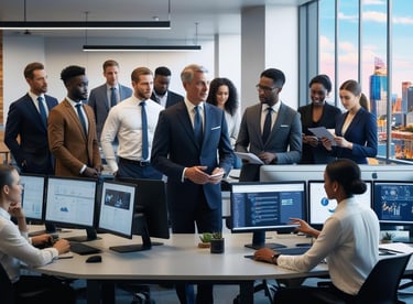a group of people standing around a table with computers
