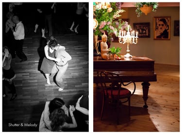 Tango-Tänzer im Scheinwerferlicht und ein Klavier im Tango Loft.