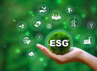 “ESG” surrounded by digital icons representing sustainability, renewable energy, and governance.