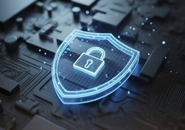Glowing digital shield with padlock over circuit lines, representing cloud security and data protect