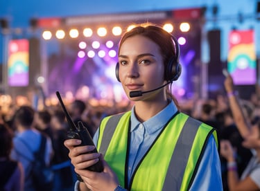 Event safety steward wearing high visibility vest managing crowd at public event