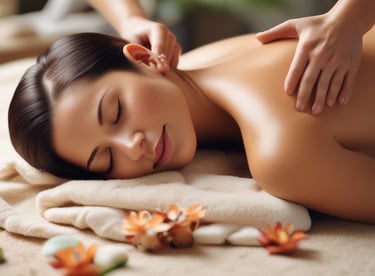 A person is giving a massage in a dimly lit room. The focus is on the hands applying pressure on the back of the individual lying down. The atmosphere appears calm and therapeutic.