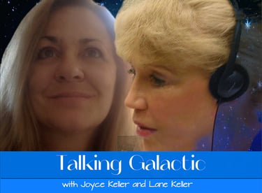 Talking Galactic podcast banner featuring Joyce Keller and Lane Keller against a starry space background.
