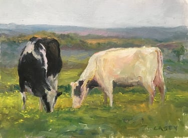 a painting of two cows grazing in a field
