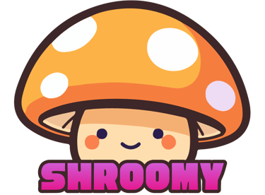 Cute kawaii mushroom character with orange spotted cap and Shroomy text logo.