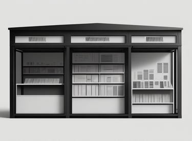 a black and white newstand with a glass door
