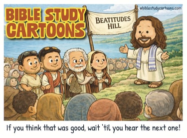Cartoon of Jesus preaching the Beatitudes on a hill beside the Sea of Galilee.